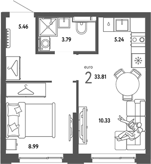 Планировка 2Е-к.кв, 33,81 м² в ЖК Страна.Энтузиастов